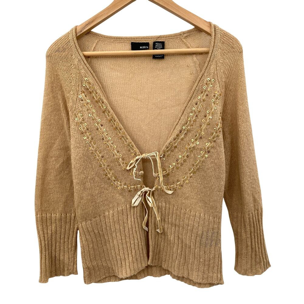 Mix it  Y2K Vintage tan knit tie front sweater